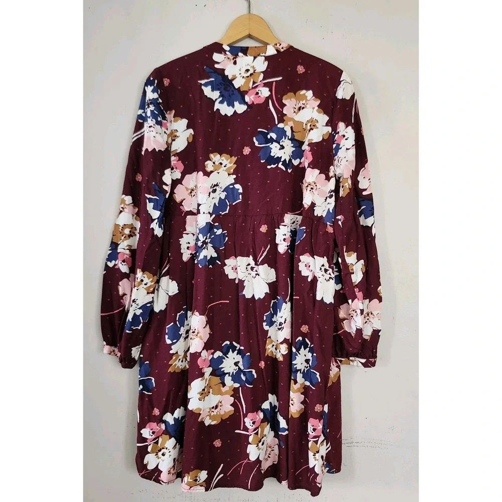 OLD NAVY Womens L Peasant Dress Maroon Floral Lace Up Pleated Boho Long Sleeve